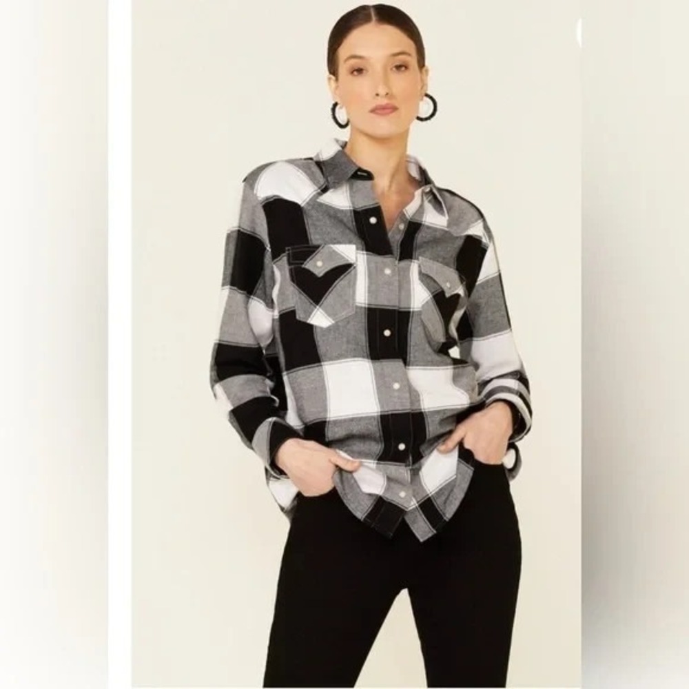 Wrangler‎ Retro Buffalo Plaid Snap Western Flannel Shirt Womens Medium Black